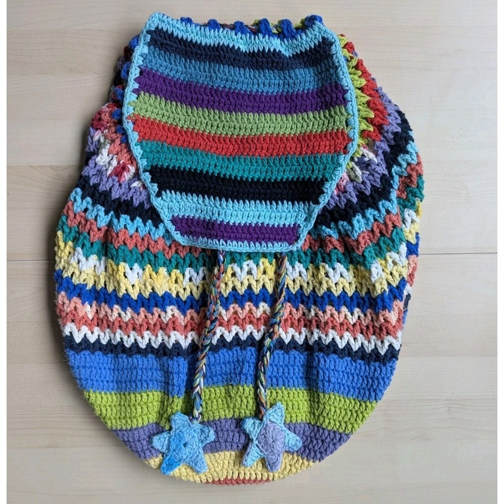 Handmade Multicolor Star Charm Striped Crochet Hobo Backpack Cotton Dopamine‎